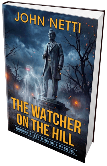 The Watcher on the Hill by John Netti — a Civil War statue on a stormy hilltop with a ghostly soldier